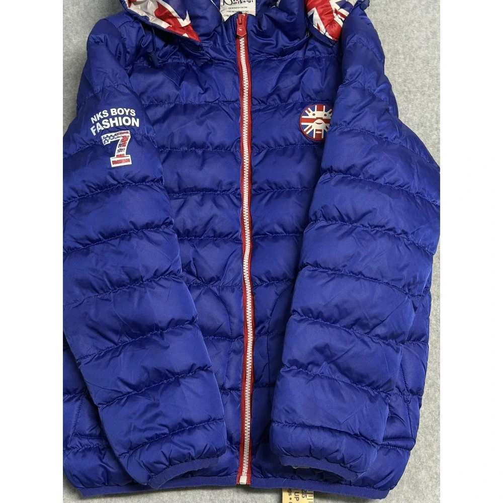 Naissi Jacket Boys 12-13 Blue Hooded Puffer Union Jack Flag Lining Zip Pockets